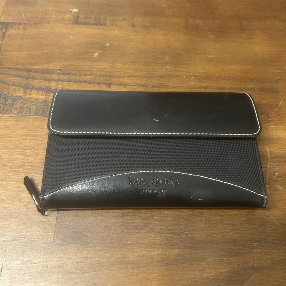 Kate Spade New York Leather & Fabric Wallet Black Flap Bi-Fold Checkbook *SPOTS‎
